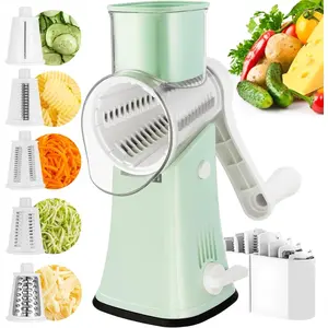 Rotary Cheese Grater, 5 in 1 Cheese Shredder with Handle, Replaceable Stainless Steel Blades, Vegetable Slicer, Easy Clean