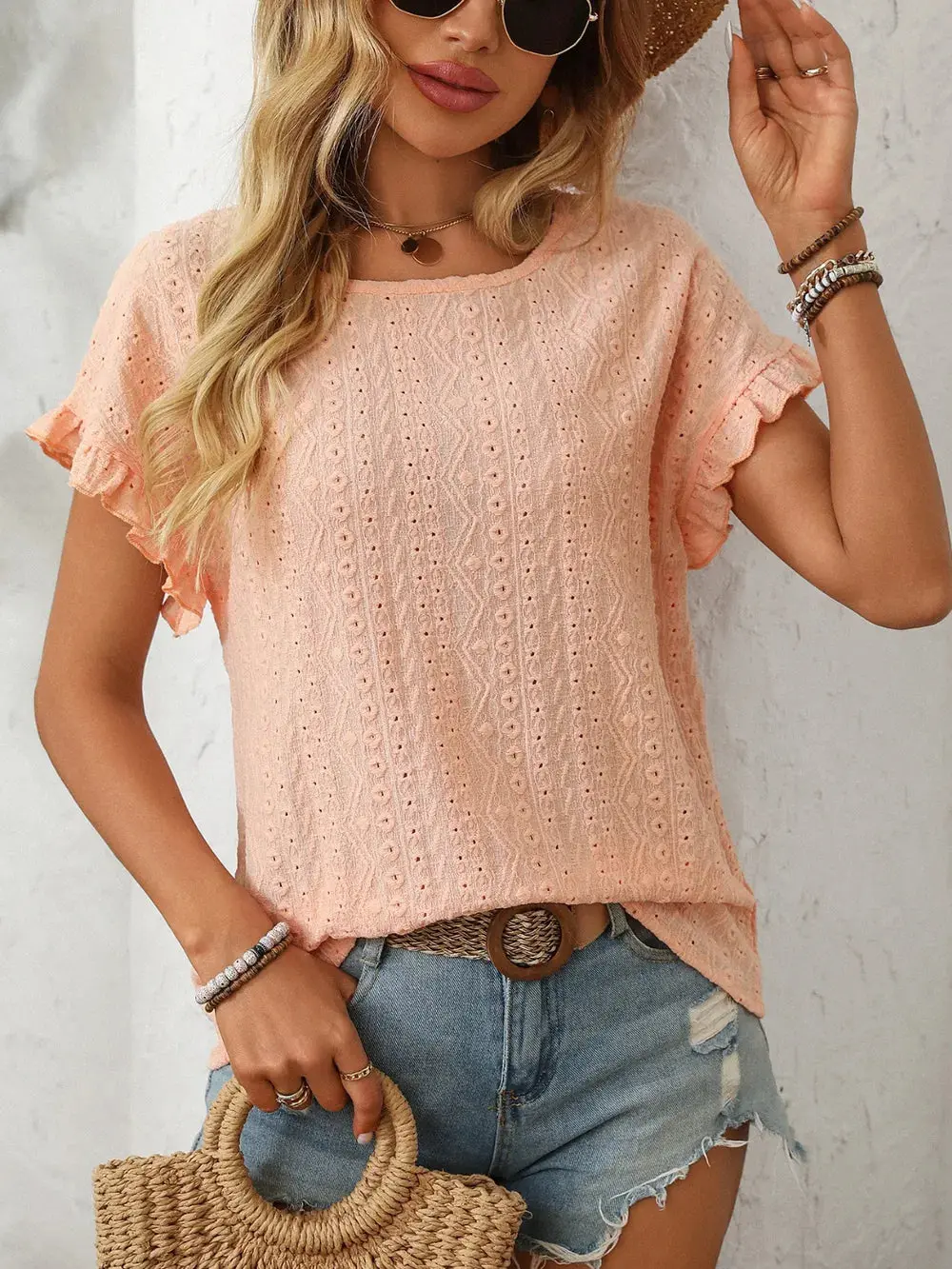 Women's Boho Eyelet Polyester Blend Blouse, Short Sleeve Frill Trim Pullover, Lady's Casual Fashion Shirt, Boho Casual Top, Shirts, Going Out