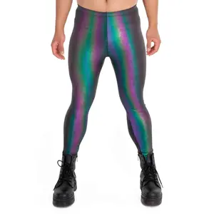 Kapow Meggings Denim Blaze Black with Rainbow sheen Men’s Leggings | Shiny Streetwear & Festival Fashion Gym Yoga Pants Active Gym Pants