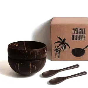4-Piece Set Polished Natural Coconut Shell Bowls with Wooden Spoons, Eco-Friendly Handmade Edible Coconut Bowls, Salad Bowls, Shallow Bowls, Tableware Gift Box