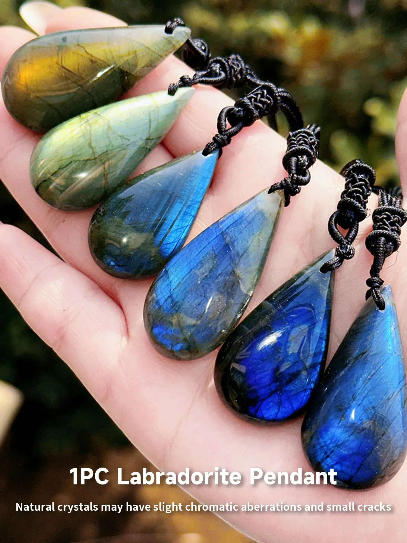 High-Quality Natural Crystal Labradorite Teardrop Boho Pendant Necklace, Shiny Blue/ Gemstone, Adjustable Braided Cord, Bohemian Style Jewelry