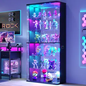 FREDEES 71" Tall Lock-Mounted Glass Door Display Cabinet, Rounded 6-Tier Curio Cabinet with Motion Sensor RGB Lights, Lockable Collectibles & Action Figures Case for Living Room, Lock-Mounted Glass Cabinets