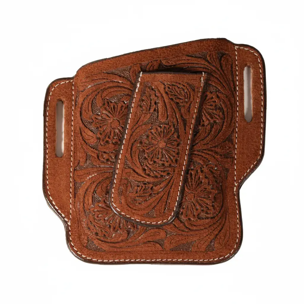 Professional's Choice Antique Floral Tooled Leather Cell Phone and Knife Holder - Dual Belt Holster - 6.75" x 3.25"