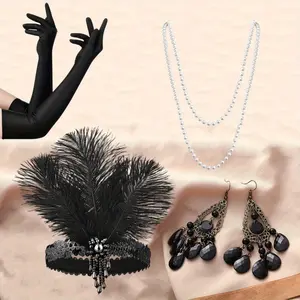 4PCS 1920s Flapper Accessories Set for Women: Headband,Dangle Earrings,Necklace Black Satin Gloves - Adjustable Vintage Jazz Age Costume Jewelry,Comfortable Elastic Fit for Party, Halloween