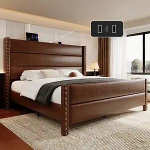 [Summervibes]Modern Brown/Black Leather Bed Frame with USB Charging, Tall Upholstered Headboard, No Noise, Easy Assembly – Bedroom Upgrade Must-Have