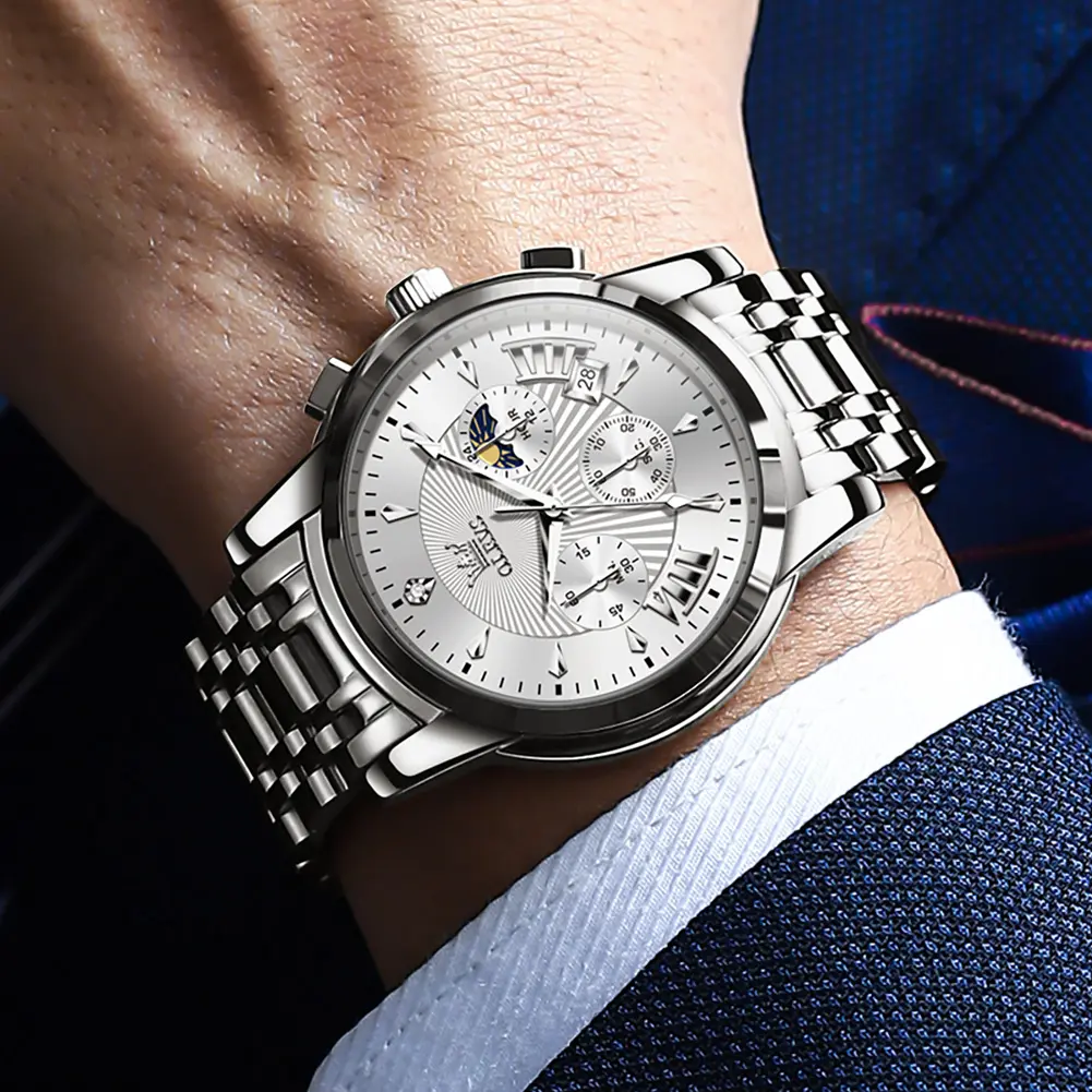 Silver Men's Watch Moon Phase Dress Watch Chronograph Luxury Stainless Steel