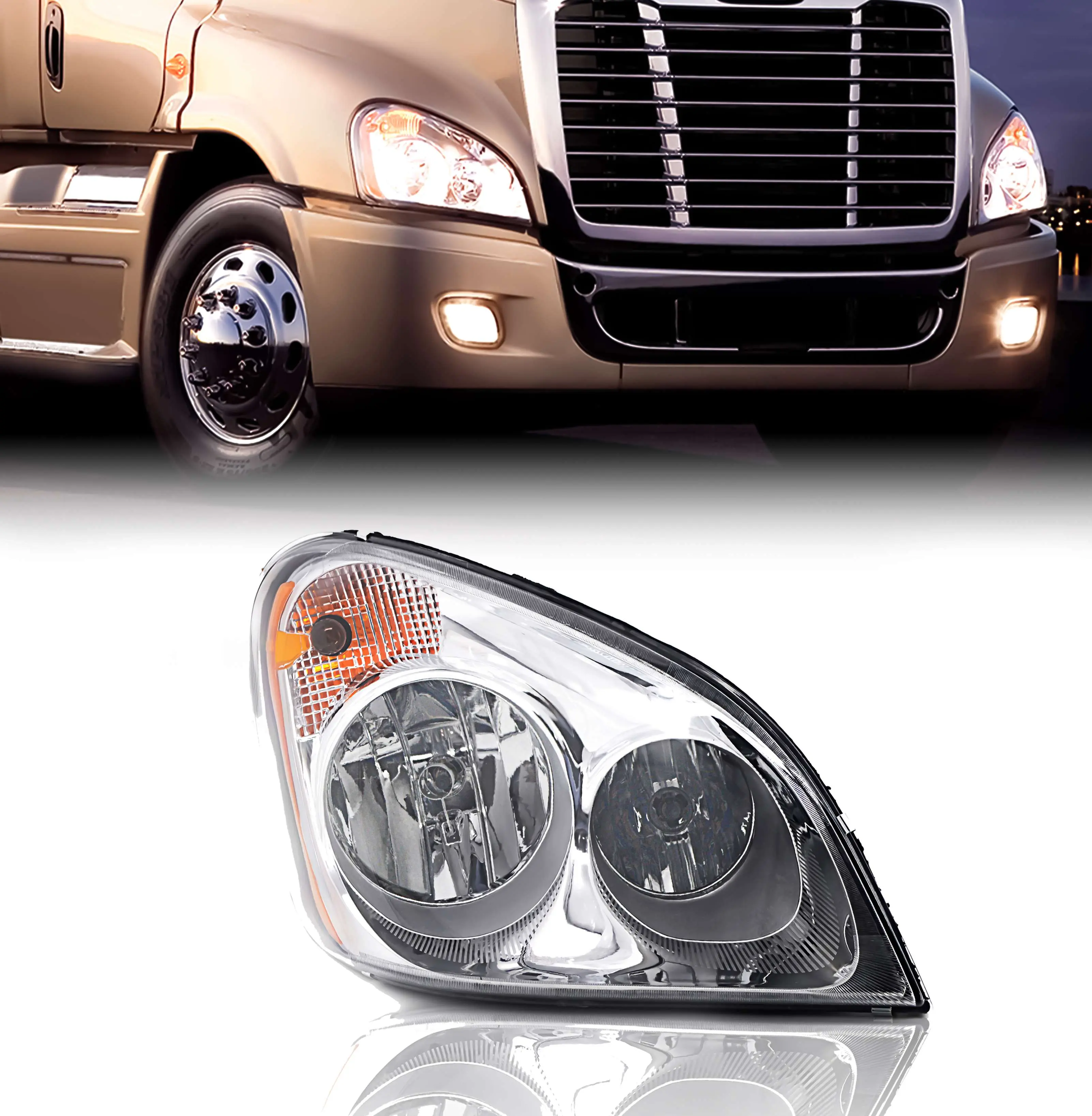 Chrome Projector Headlight Assembly - Passenger Right Side Replacement for 2008-2017 Freightliner Cascadia Semi Trucks, Durable, DOT SAE Approved, All Bulbs Included, RH (TR030-R), Durability