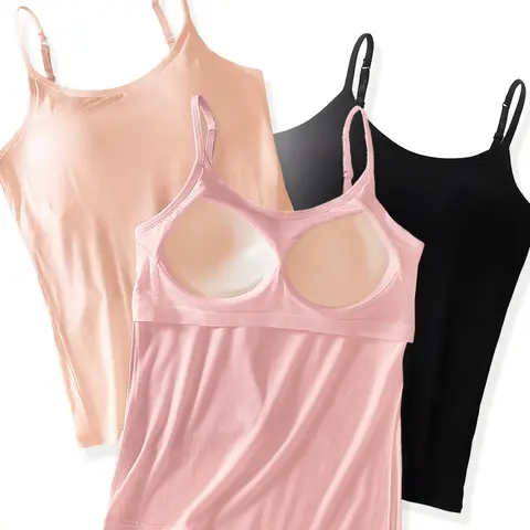QETLAN Women's 3pcs Padded Seamless Built-in Bra Tank Tops - Adjustable Layered Spaghetti Straps, 95% Rayon 5% Spandex, Slim-Fit Stretchy Cami, Light-Support Basic Crop Activewear