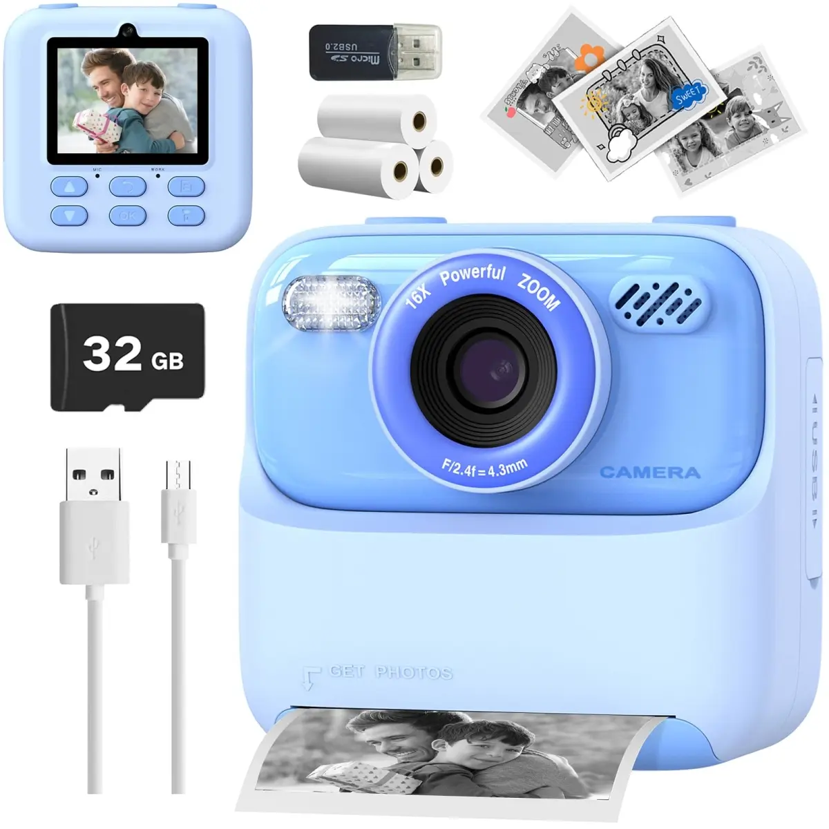 Asonic NT86519 Mgaolo Kids Camera Instant Print Photo, Children Digital Camera Toys Gift with HD Video - Blue
