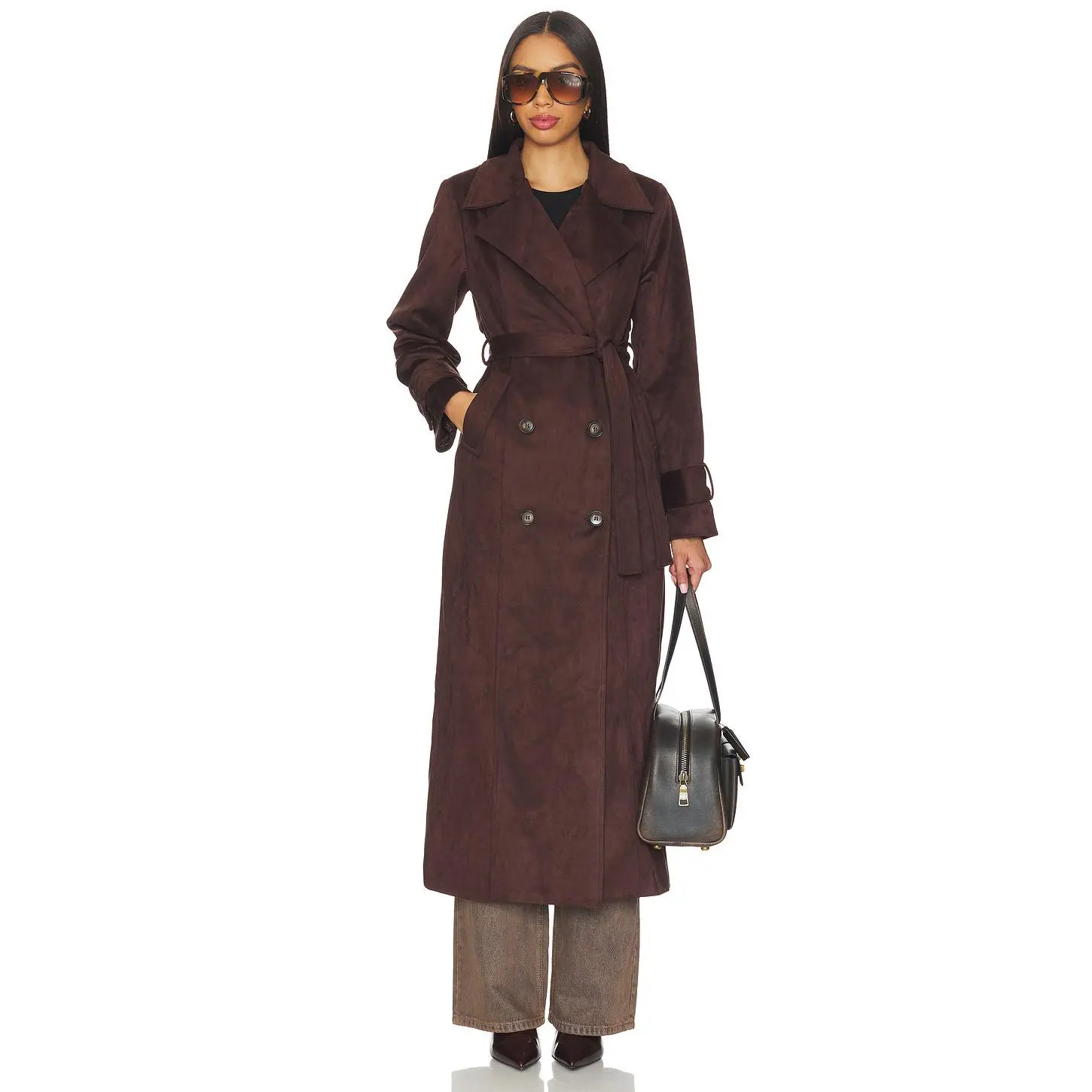 SNDYS Sutton Faux Suede Trench Coat in Chocolate