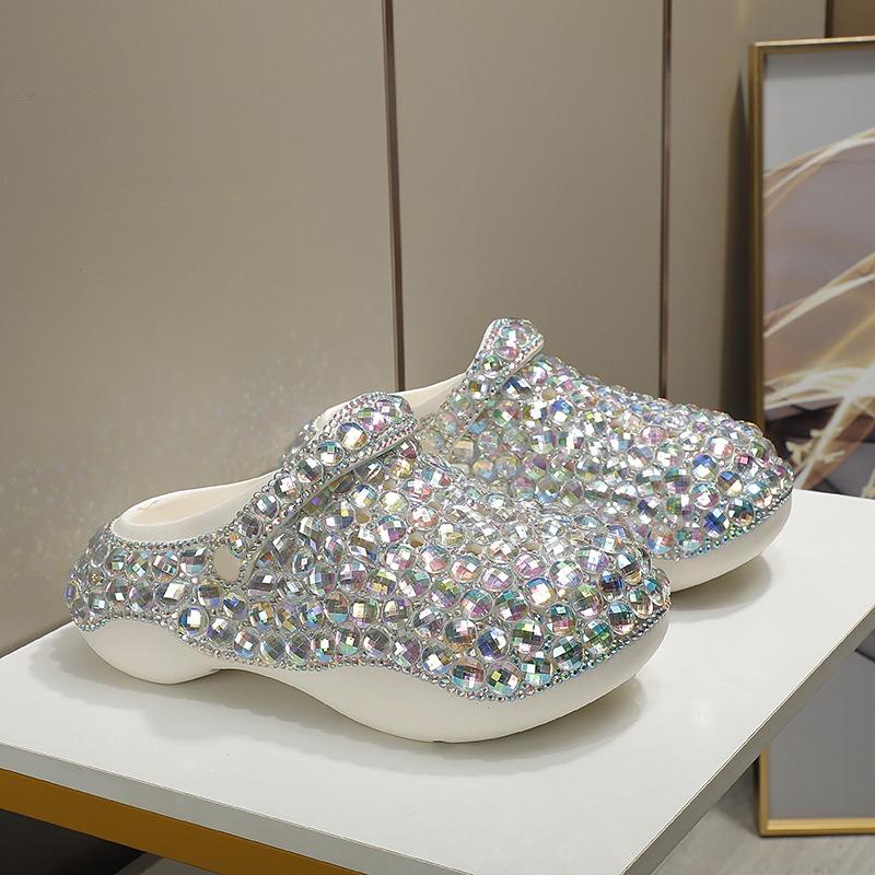 FoamFam Party to Vacation Sparkle Clogs  Full Rhinestone Platform Thick Sole Light Luxury Bling Bedazzled Shoes for Women  Handmade Custom Crystal Clogs for Everyday Glam Outdoor
