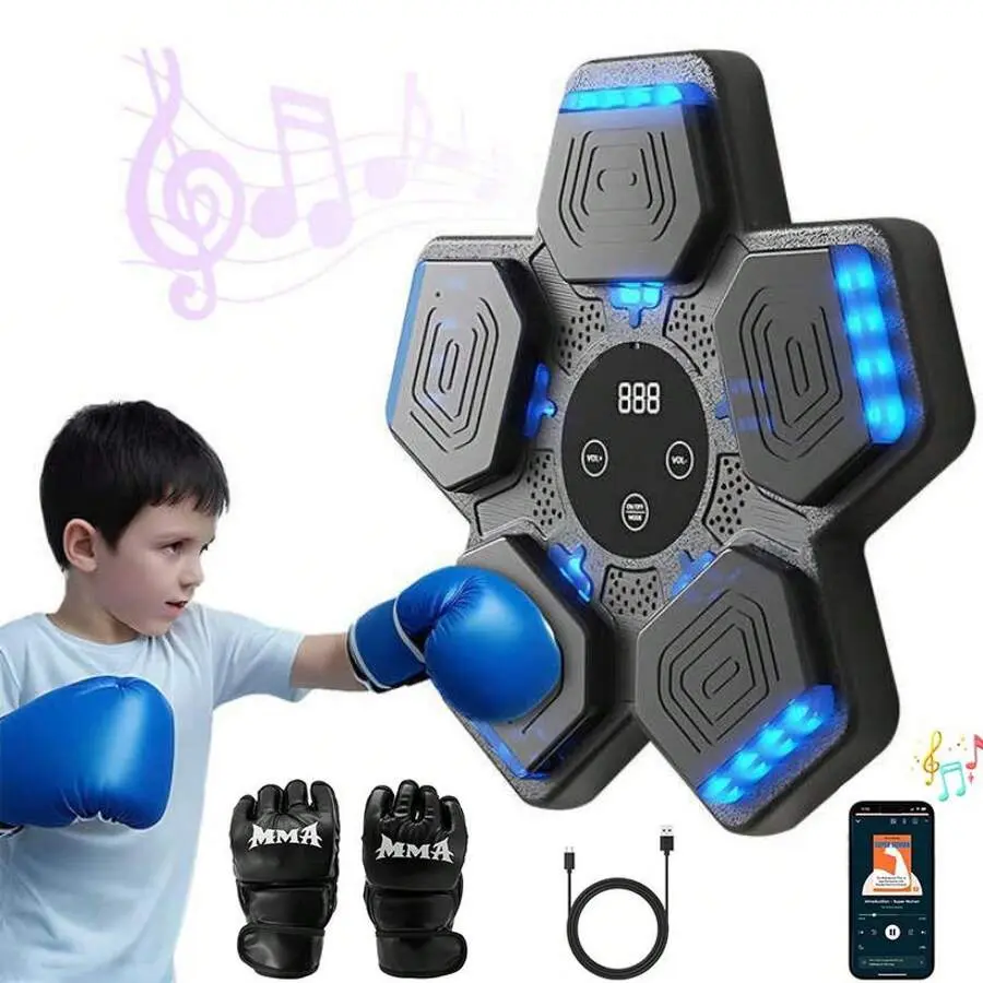 QJB-55 Smart Music Boxing Machine, Wall Mounted Home Gym Equipment with LED Lights & Bluetooth Speaker, Unisex Punch Pad with Customizable Height for All Ages, Includes Boxing Gloves, Reaction Time