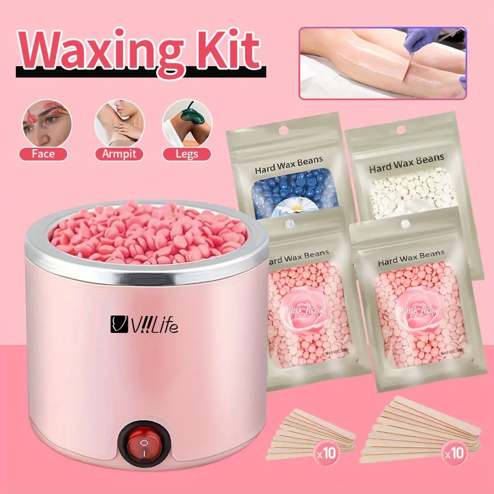 Summervibes Viilife Waxing Kit - Pink Electric Wax Warmer with 10 Wax Strips for Face Armpit & Legs Hair Removal - 200ml Capacity - Grooming Needs Body Care Smooth Pink Rose