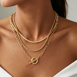 Stainless Steel Layered Necklace，aperclip Choker Herringbone Snake Chain Jewelry，Fashion Necklace Jewelry Set Gift