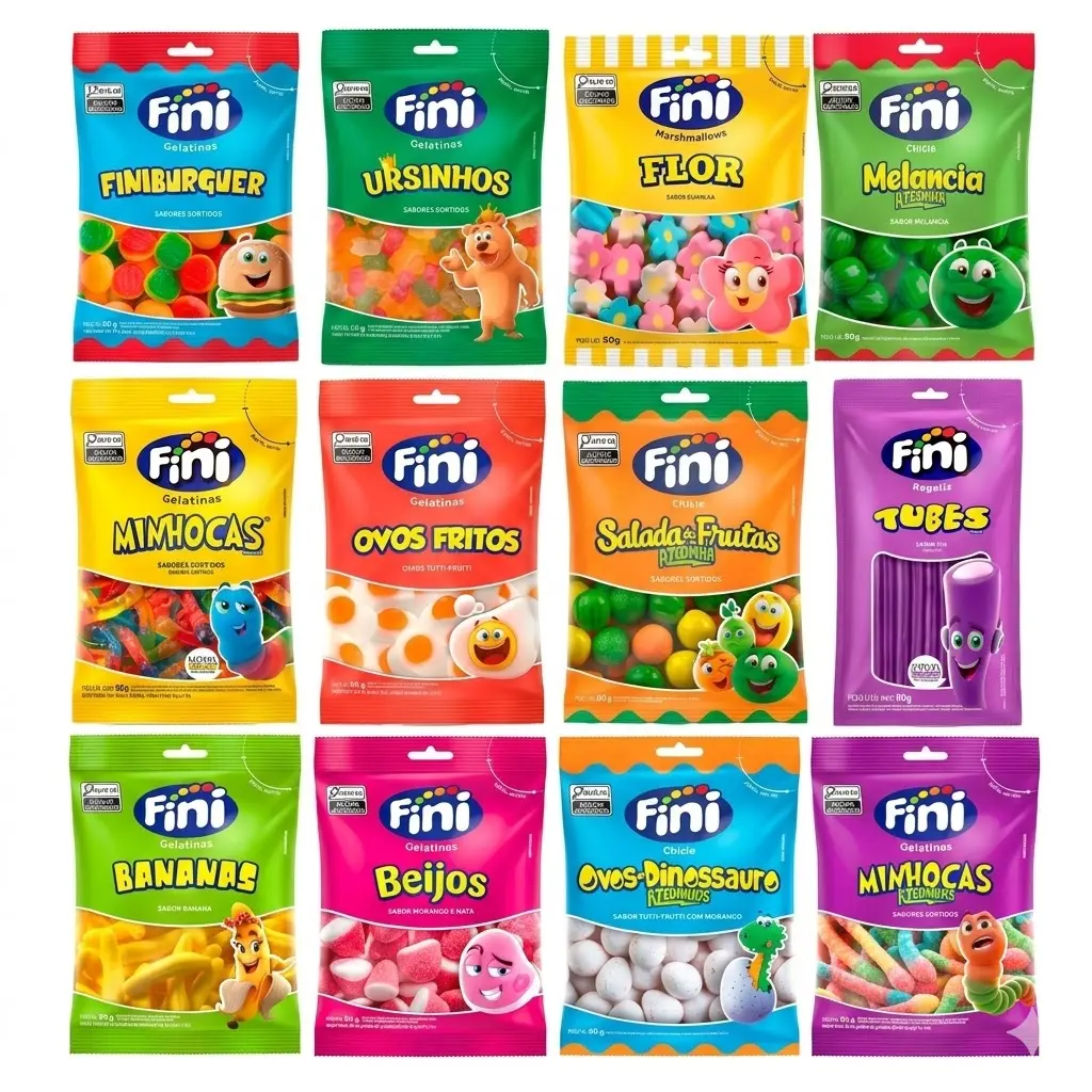 Fini Assorted Fruity Snack Candy Pack - Sour-Sweet Chewy Gelatin Gummies, Fruit Snacks with Licorice, Citric Acid & Sunflower Oil, 80g-90g Bags for Birthday, Everyday Enjoyment