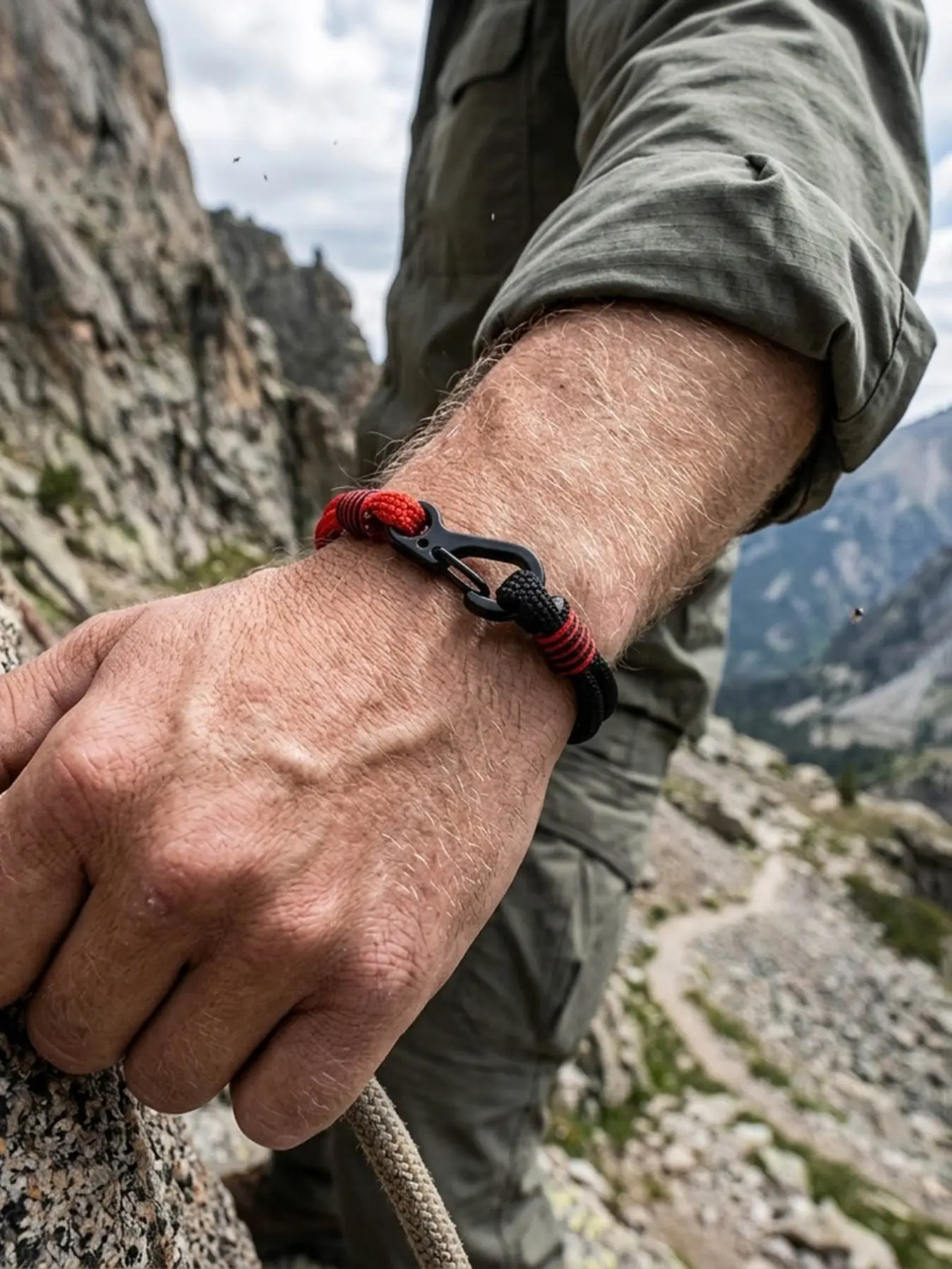 Men's Outdoor Umbrella Rope Braided Polyamide Bracelet, Adjustable Bracelet, Knotted Bracelet, Men's Hiking Jewelry, Stylish Accessory for Adventure Enthusiasts, Durable and Trendy Carabiner Design