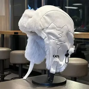 1pc Winter Warm Fur Hat with Ear Flaps - Lightweight All-Season Outdoor Skiing, Mountaineering, Cycling Cap - Soft Beige/White Fur Trim - Unisex Cold Weather Beanie for Men & Women - Elastic Fit for Snow Sports & Everyday Winter Wear - Hand Washable - Id