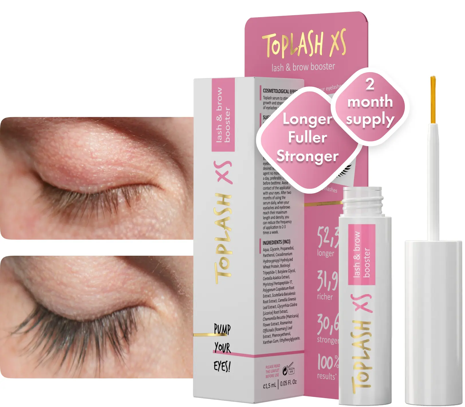 Toplash Eyelash and Eyebrow Growth Serum, Lash Booster with Peptides for Longer, Thicker Lashes, Hypoallergenic Liquid Formula for Eyes, 2 ml (3-Month Supply), Lash Serums