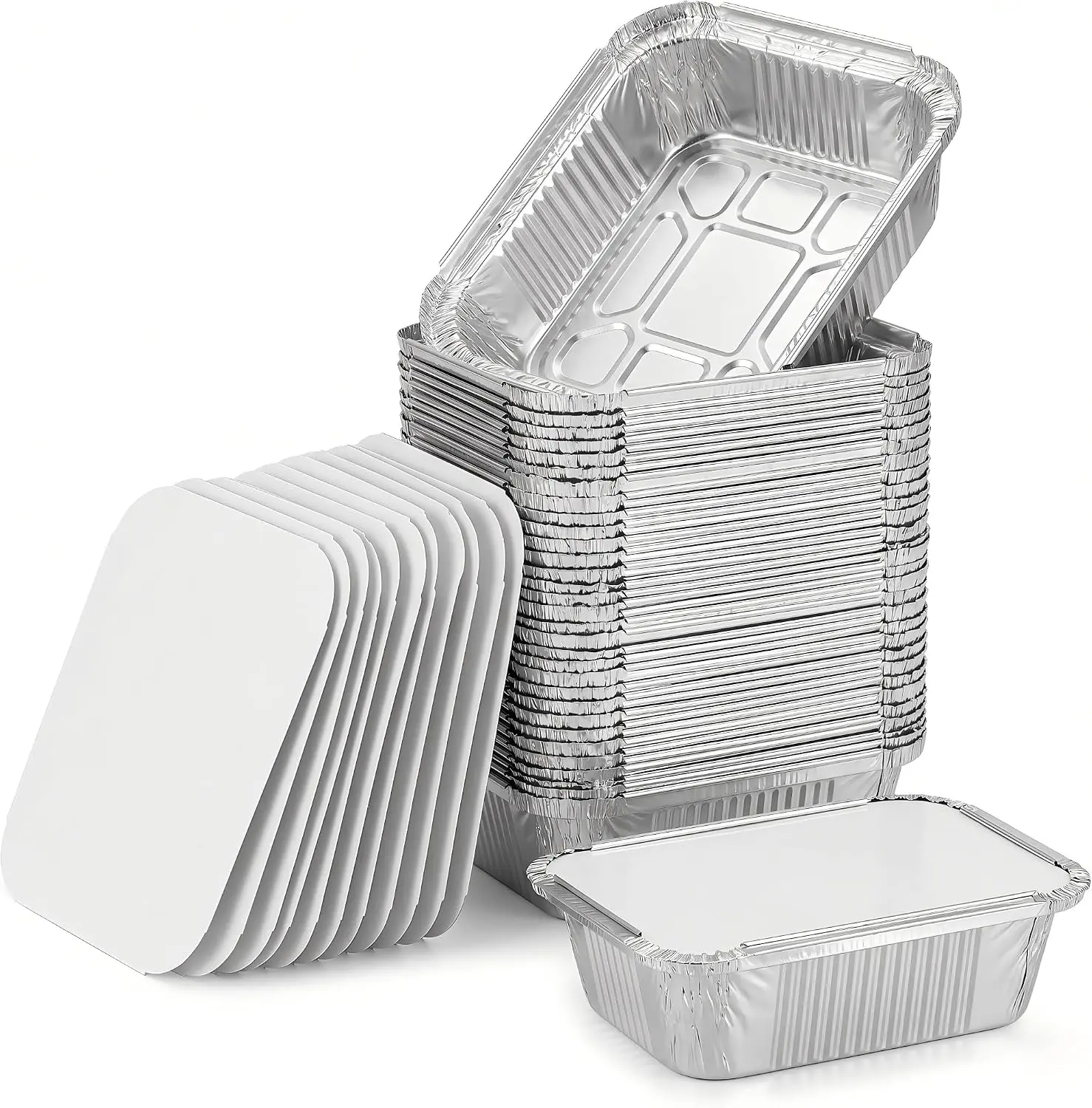 50 Pack 1lb Aluminum Foil Pans with Cardboard Lids, 5.5"x4.5" | Disposable foil containers, small tin trays for meal prep, baking, catering, food storage