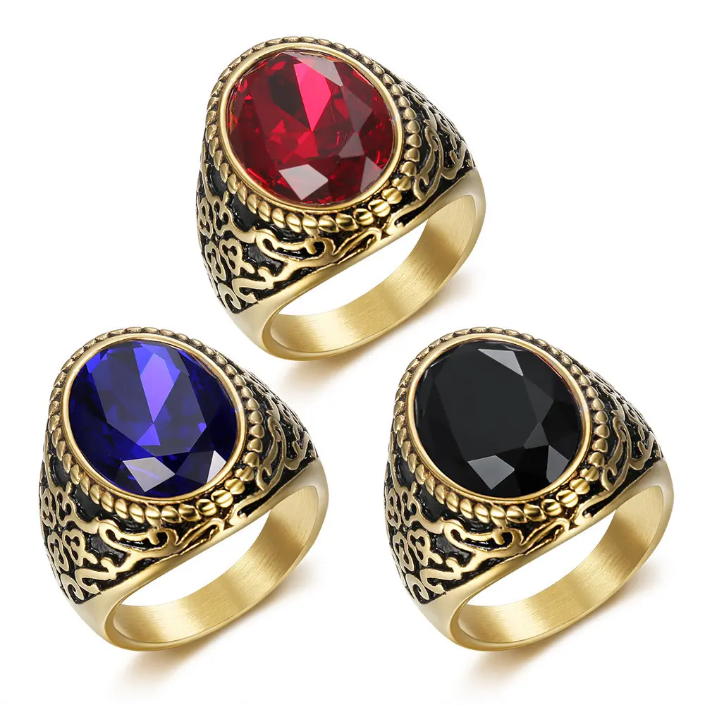 Men's Retro Royal Gemstone Ring in Hypoallergenic Gold-Plated Stainless Steel, Elegant Fashion Jewelry, Elegant Ring, Fashion Rings