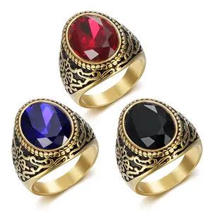 Men's Retro Royal Gemstone Ring in Hypoallergenic Gold-Plated Stainless Steel, Elegant Fashion Jewelry, Elegant Ring, Fashion Rings