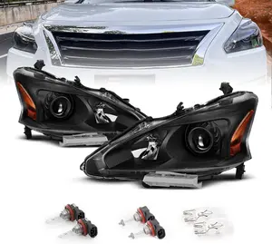 AmeriLite for 2013-2015 Altima 4Dr Sedan Projector Black Replacement Headlight Assembly Pair with Halogen Bulbs - Driver and Passenger Side