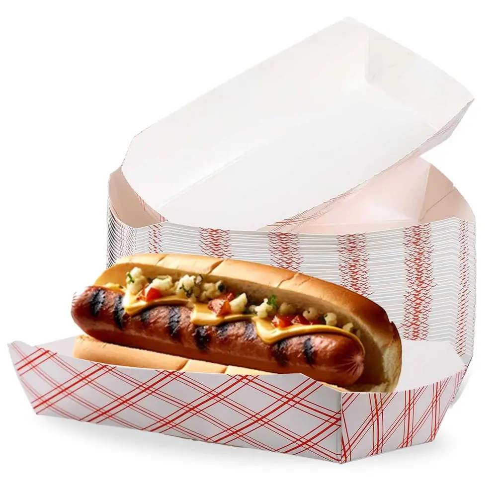 Rectangular Disposable Paper Hot Dog Trays, Pack of 50ct, 7x3.25x1.5" / 7" x 3 1/4" x 1 1/2" Sizes, Ideal for Brats, Concession Stands, Party, Picnic