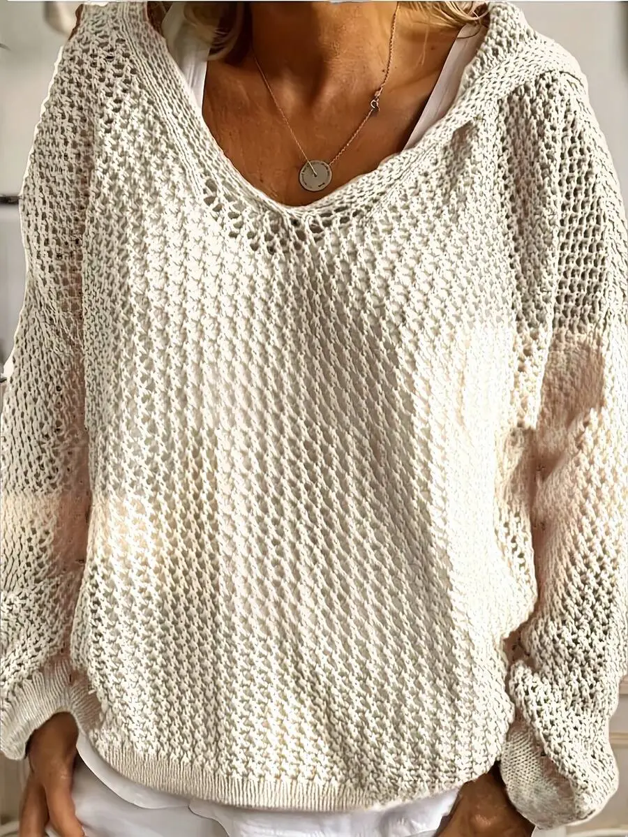 LUNA LAYER Plus Size Women's Hollow Out Drop Shoulder Long Sleeve Knit Sweater Beige