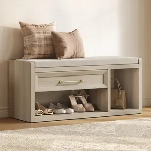 SICOTAS Shoe Bench with Storage, Farmhouse 43.3" Extra Wide Entryway Bench with Cushion, Drawer & Tall Boot Shelf, 18.9" Comfort Height Seat, Large Shoe Organizer for Hallway Bedroom