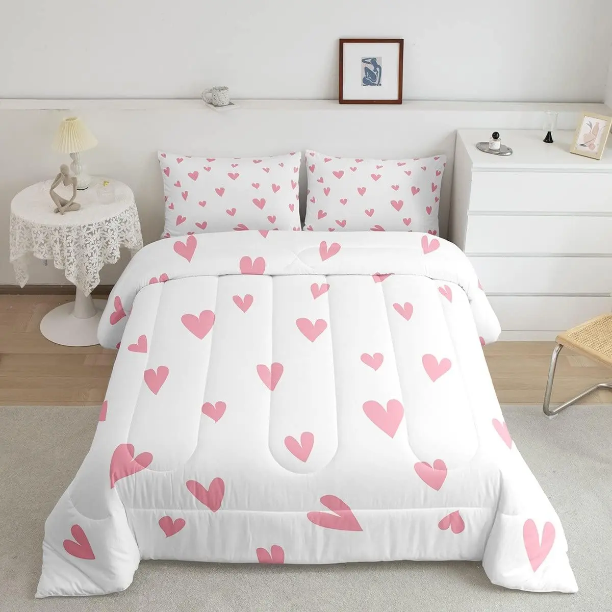 Cute Love Heart Designer Microfiber Duvet Set - Soft, Warm, Breathable, Luxury Decorative Bedding Set, Blush Pink Twin Size for Valentine's Day, Microfiber Bedding Set