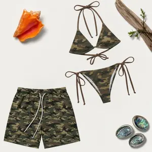 Matching Camo Couple Swimwear, Army Green Camouflage His and Hers Bikini and Swim Trunks, Vacation Anniversary Gift