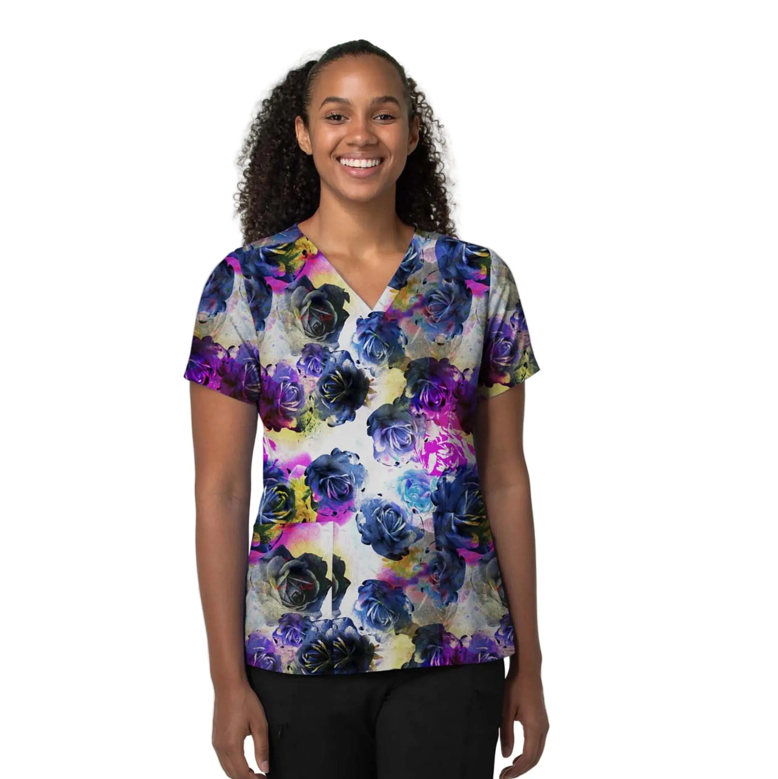 Wink Women's Fitted 3-Pocket V-Neck Print Scrub Top