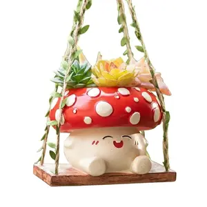 Cute Swinging Mushroom Hanging Planter, Playful Smiling Mushroom Succulent Pot, Outdoor Garden/Balcony Wall Hanging Decoration, Boho Front Door Ornament