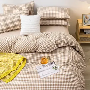 AOJIM Tan Gingham Comforter Set Queen, Plaid Comforter Set 3 Pieces 1 Beige Grid Comfoter with 2 Pillow Cases for All Seasons, Soft Fluffy Modern Grid Pattern Printed Bedding-Queen Size