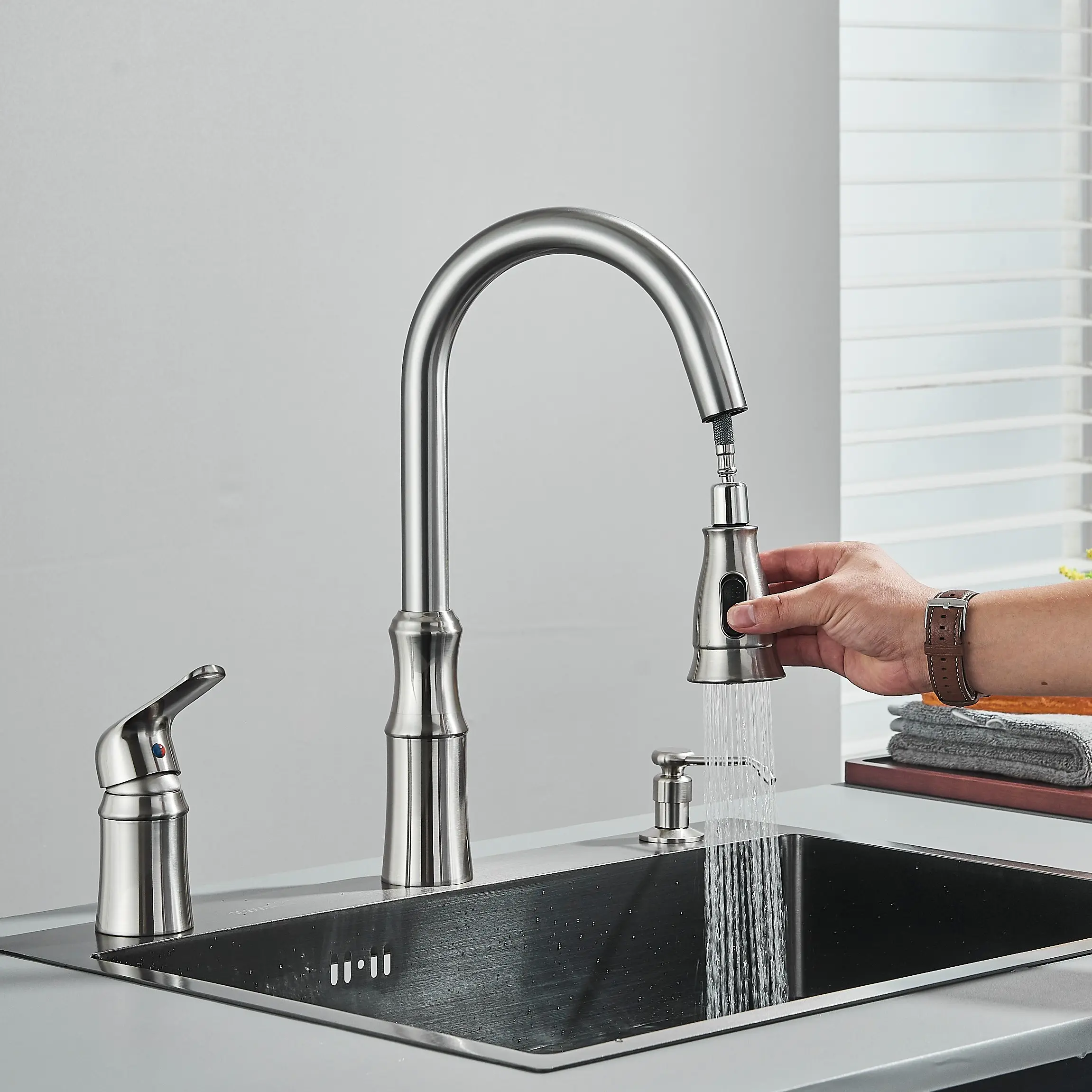 Brushed Nickel 3-Hole Setup Modern Pullout Kitchen Faucet, Side Single Handle, Pull Down Sprayer, Soap Dispenser, Plastic Body, Fits Most Kitchen Sinks - Brushed Taps