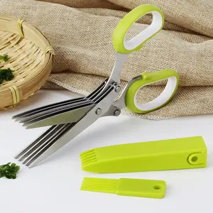 In-stock five-layer stainless steel scissors (apple green) for shredding paper, chopping scallions, cutting herbs, and vegetables