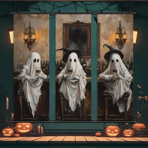 Ghost Reading & Book Pattern Hanging Banner, 3 Counts/set Scary Ghost Reading Poster, Halloween Decorations, Home Decor for Living Room & Bedroom