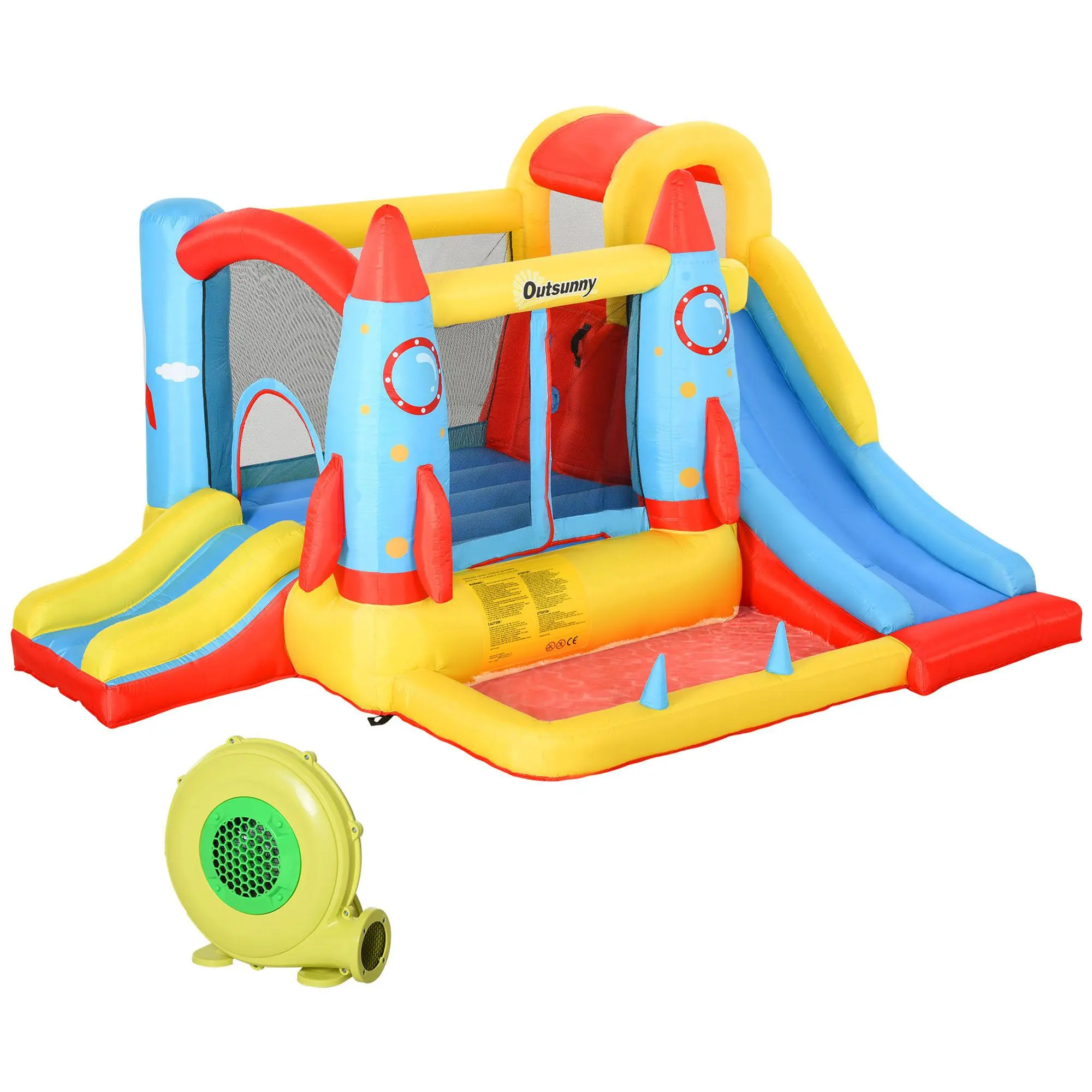 Outsunny Kids Bounce House, 4-in-1 Rocket Inflatable Water Slide Jumping Castle with 2 Slides, Climbing Wall, Trampoline, & Water Pool Area, Air Blower