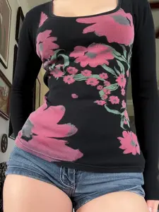 Vintage Slim-Fit Knitted Tie-Dye Floral Long Sleeve T-Shirt, Y2K Style Square Neck Top for Women, Spring & Fall Casual Wear, Womenswear