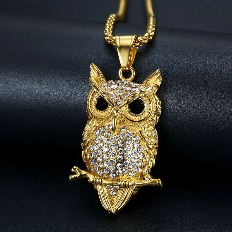 Gold Plated Titanium Steel Owl Necklace - Hip Hop Iced Out CZ Pendant Bold Statement Accessory
