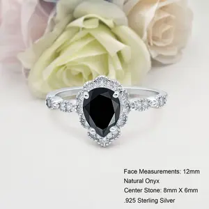 Art Deco Teardrop 1.25 Carat Natural Black onyx Bridal Band Women Wedding Engagement Pear Shape Ring 925 Sterling Silver 12mm
