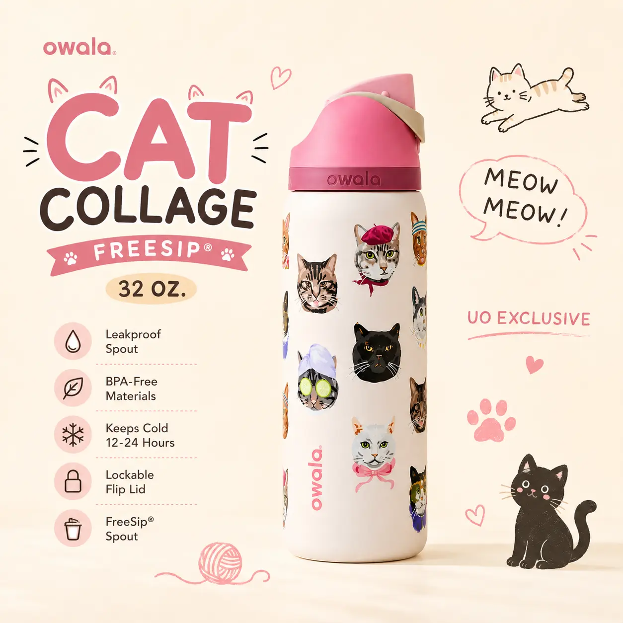 Owala Cat Collage Freesip 32 oz. Leakproof BPA-Free Insulated Water Bottle
