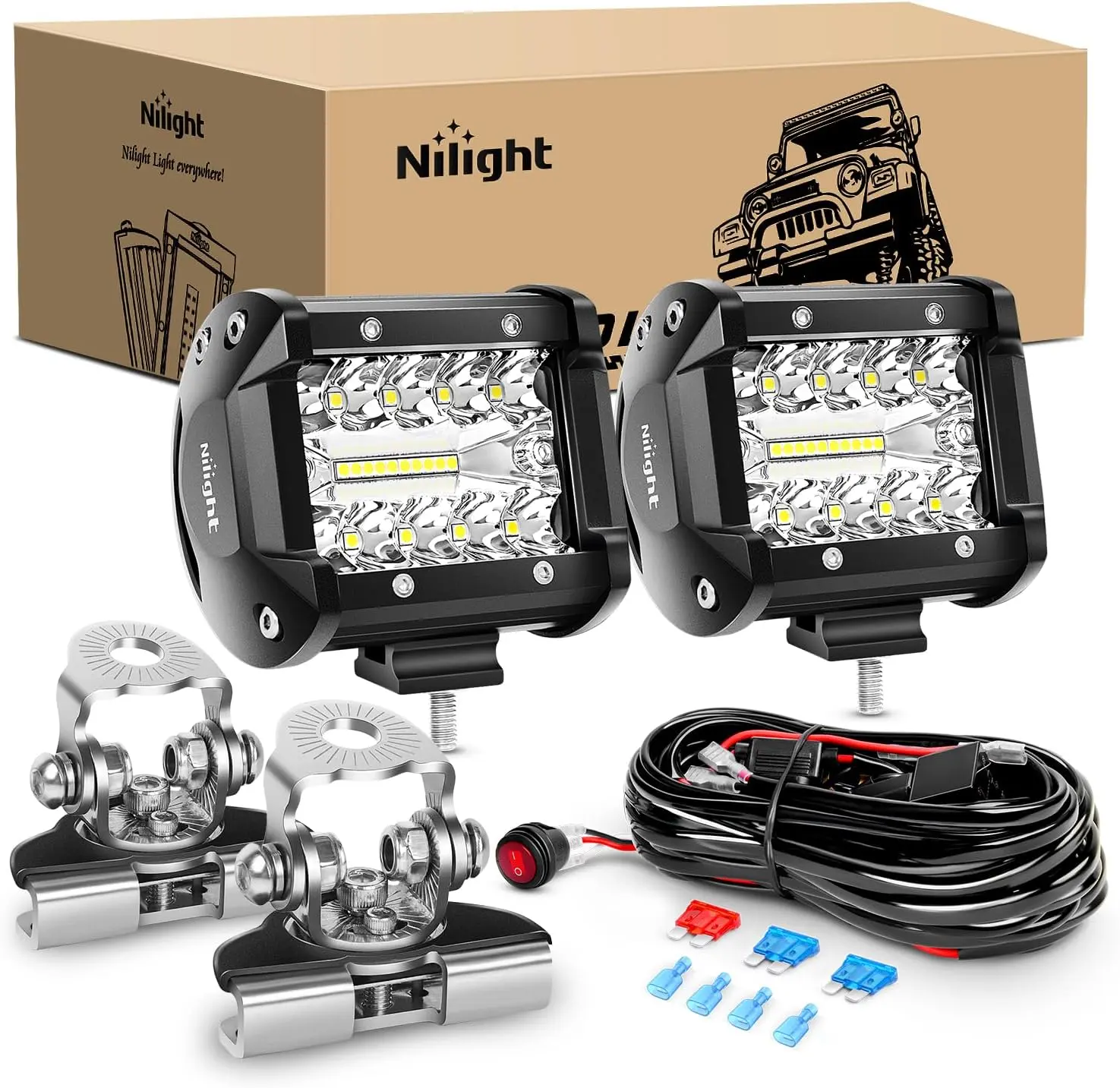 Nilight 2 PCS 4-Inch 60W Triple Row Aluminum Car Light Bars, Flood Spot Combo, 6000LM Off-Road Driving Lights, Adjustable Clamp Mount, Wiring Harness Kit Included, Light Bar Car