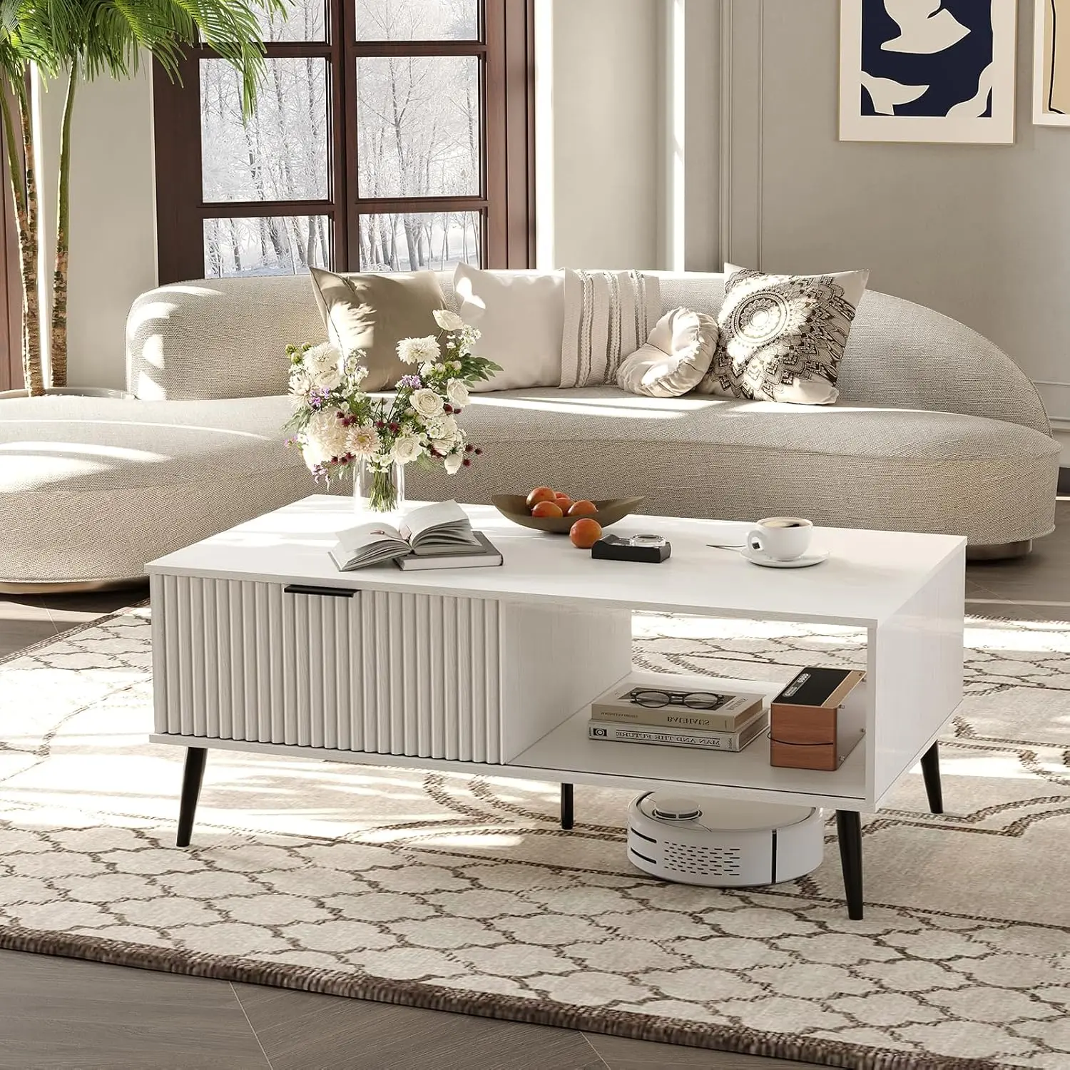 Coffee Table with Storage Wooden Coffee Tables with Sliding Door and Solid Wood Legs 2-Tier Cocktail Table Mid Century Modern Coffee Table for Living Room Home Office Farmhouse - White