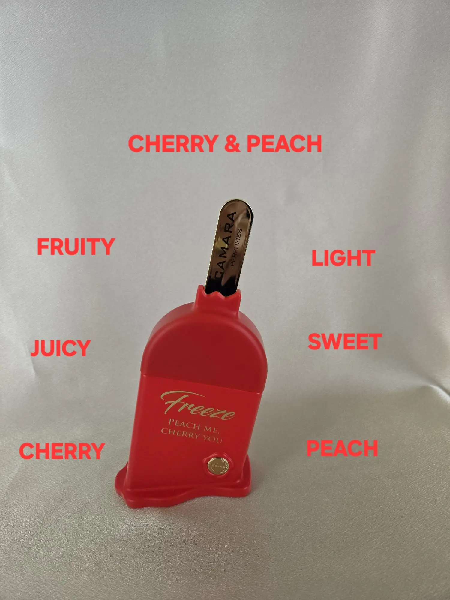 FREEZE PEACH ME, CHERRY YOU. 90 ML. NOTES: CHERRY, PEACH, ALMOND, MUSK, VANILLA. FRUITY AND SWEET