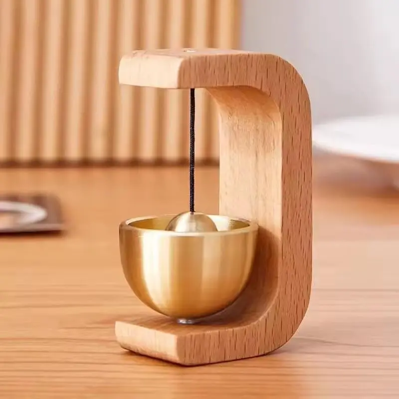 Compact C-Shaped Magnetic Doorbell with No-Drill Installation, Japanese Brass Bell, Beech Wood Base, Bell Band, Modern Chimes, Built-in Strong Magnet - Approximately 3 Inches High, Suitable for Bedrooms, Cafes, Country-Style Home Decor