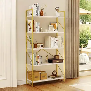 DWVO 5 Tiers Gold Bookshelf, Modern Wide Bookcase, Large Book Rack, Storage Rack Shelves in Bedroom/Living Room/Home/Office, Books Holder Organizer for Books, Gold