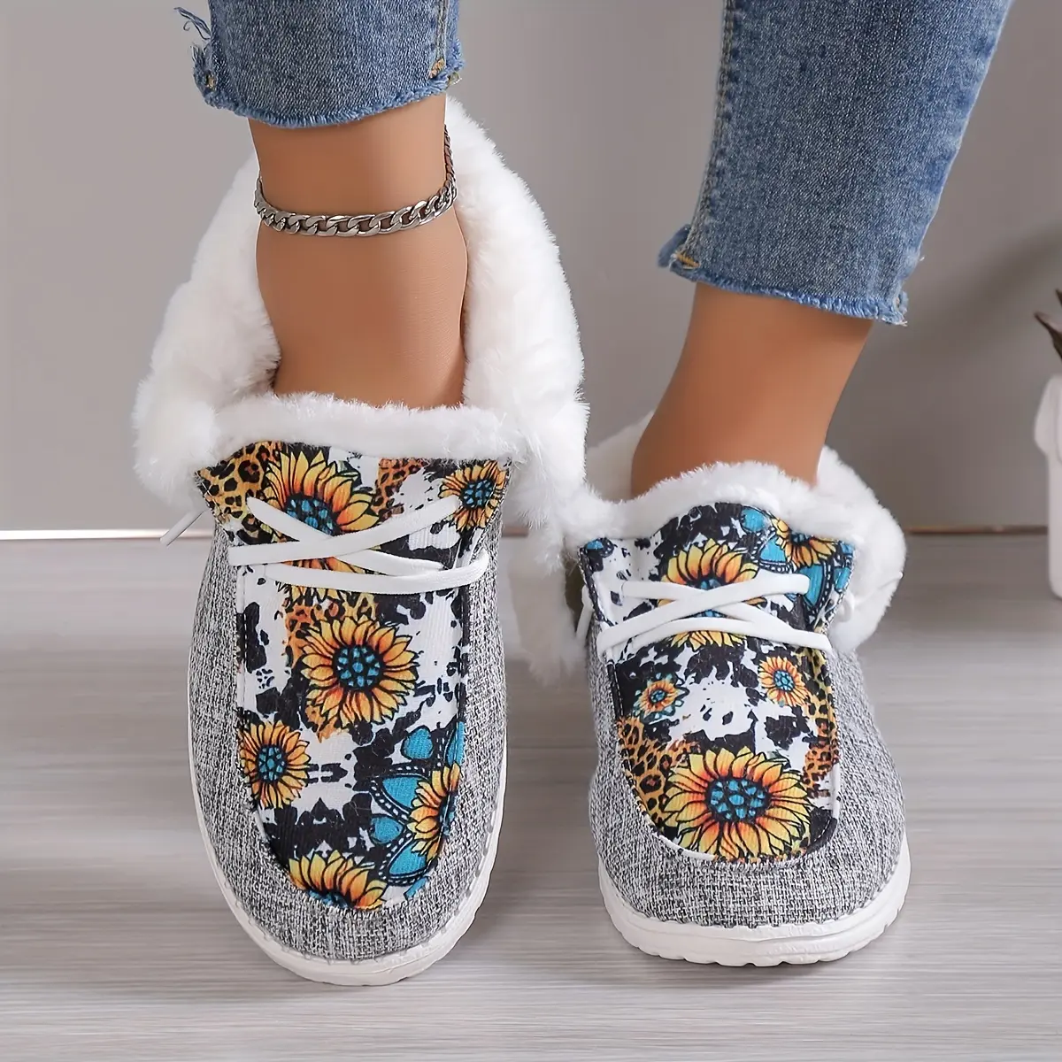 Women's Plush Lined Snow Boots, Sunflower Print Cozy Slip On Fuzzy Canvas Shoes, Thermal Ankle Boots