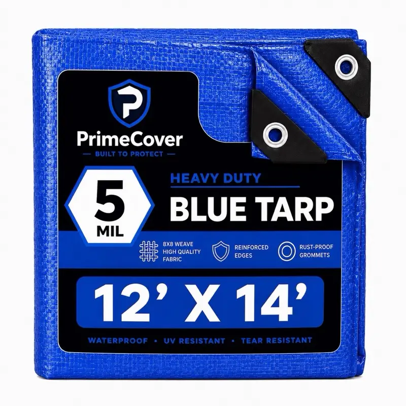 PrimeCover 12’ x 14’ Heavy Duty Blue Tarp, 5 Mil Waterproof Poly Tarp with Reinforced Edges, Rustproof Aluminum Grommets, UV & Tear Resistant Cover for Roofs, Trucks, Camping, Firewood & Outdoor Use