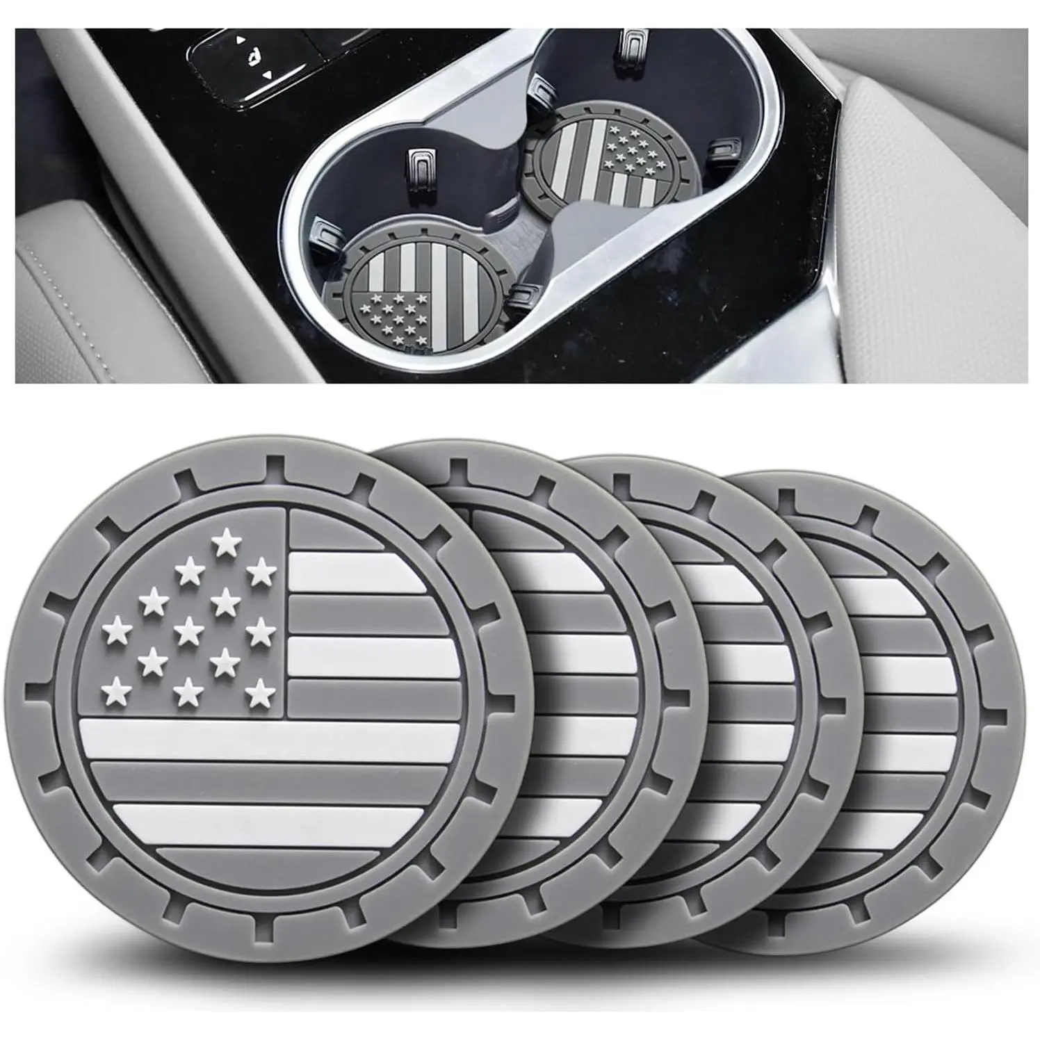 Cup Holder Coasters 4 Pack -  Flag 2.75 Inch Anti Slip Shockproof Drink Mat -  Interior Decor Accessories Grey